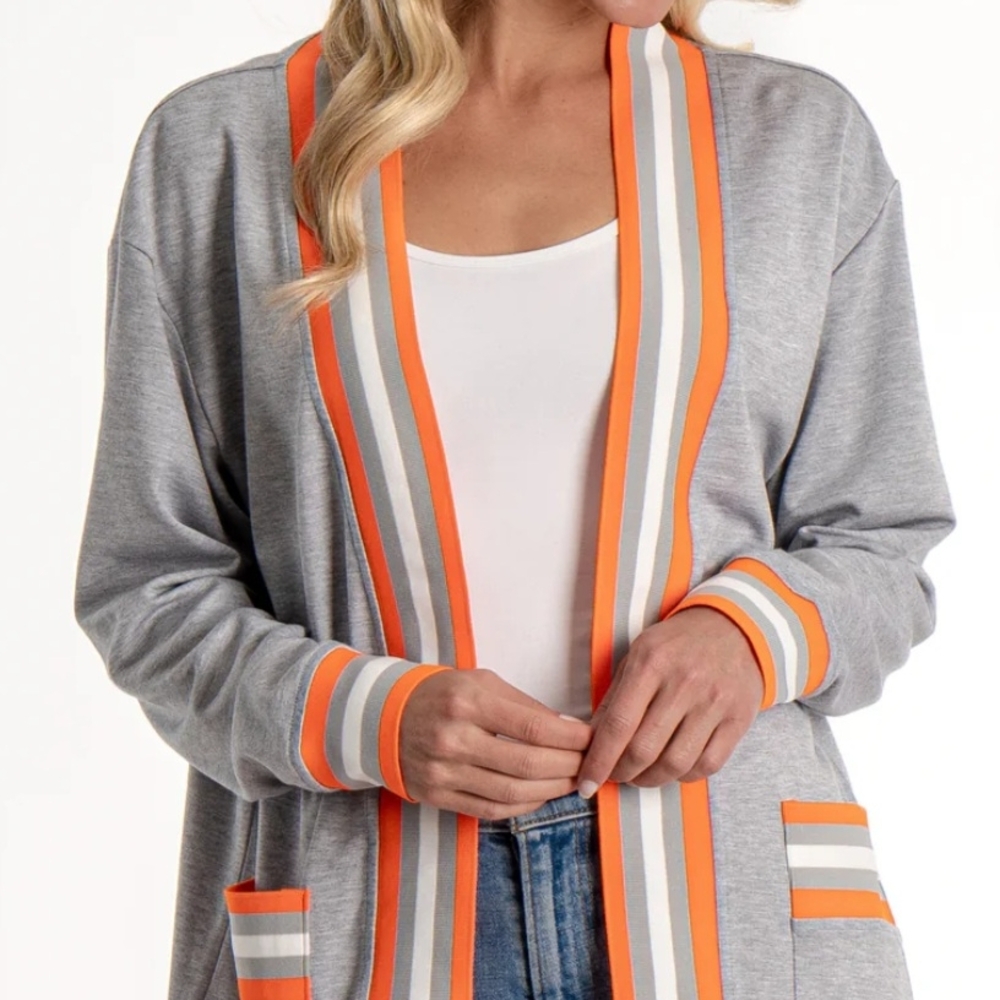Gray Cardigan with Orange Stripes